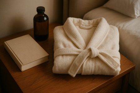 Cozy bathrobe placed on wooden nightstand next to a book and a bottle of essential oil, creating a relaxing atmosphere in the bedroomの素材