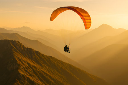 Paraglider soaring gracefully over a breathtaking mountain range at sunset, immersed in warm golden light that enhances the serene landscapeの素材