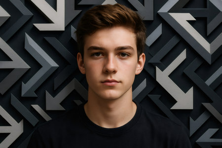 Young man posing with a neutral expression against a wall decorated with geometric arrows pointing in various directionsの素材