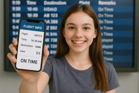 Smiling passenger showing her boarding pass on the phone at the airport, with flight information and statusの素材