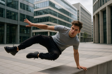 Young athlete jumping over a low wall, showcasing parkour skills in an energetic urban environment filled with modern architectureの素材