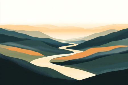 Minimalist illustration of a winding river flowing through a mountain valley at sunset, creating a serene and peaceful atmosphereの素材