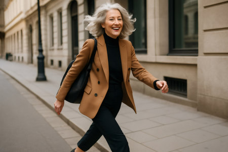 Smiling businesswoman with gray hair walking confidently down an urban street, showcasing her energetic and stylish approach to city lifeの素材