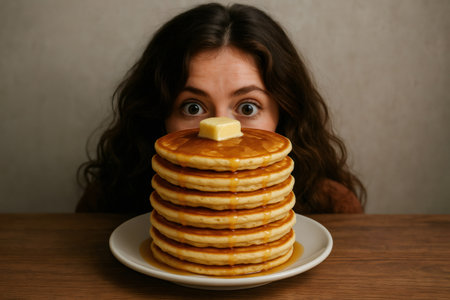 Woman with surprised expression hiding behind a tall stack of pancakes covered in syrup and topped with butter, enjoying a sweet breakfastの素材