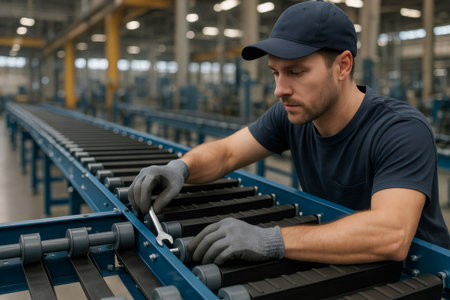 Factory worker tightening bolts on a conveyor belt using a wrench in a large industrial factoryの素材