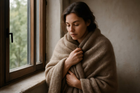Sad woman wrapped in a warm blanket, gazing thoughtfully out the window on a chilly autumn day, lost in her contemplative thoughtsの素材