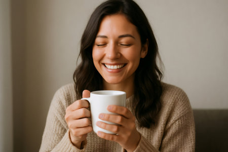 Happy young woman savoring a warm beverage in a cozy mug, radiating comfort and satisfaction while enjoying a peaceful moment indoorsの素材