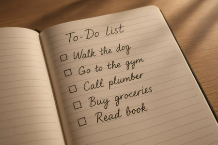Open notebook laying on wooden table displaying handwritten to do list, including walking the dog, going to the gym, calling plumber, buying groceries, and reading a bookの素材