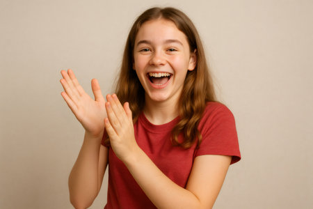 Portrait of a cheerful teen girl with long brown hair, wearing a red t shirt, happily clapping her hands and laughing on a light brown backgroundの素材