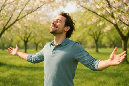 Young man is embracing nature with open arms, breathing fresh air and enjoying the beauty of springtime in a flowering orchardの素材