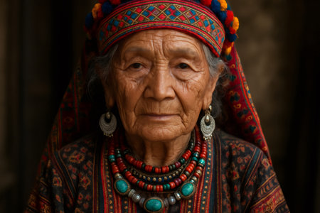 Portrait of a senior indigenous woman wearing traditional attire and jewelry, showcasing her cultural heritageの素材