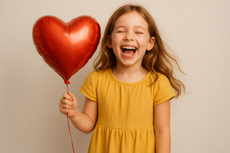 Joyful little girl holding a heart shaped balloon and laughing out loud, expressing happiness and loveの素材