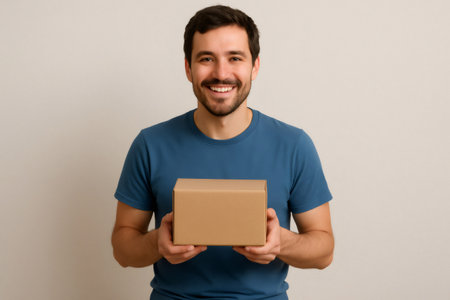 Happy man holding a small parcel and smiling at the camera, embodying the joy of delivery and shipping services in ecommerceの素材