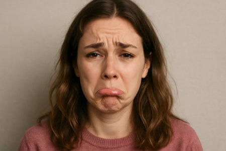 Portrait of a young woman making a sad face and pretending to cry, expressing feelings of sorrow and disappointmentの素材