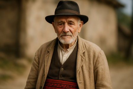 Portrait of an elderly farmer wearing traditional Romanian clothing and hat, representing Romanian rural life and cultural heritageの素材