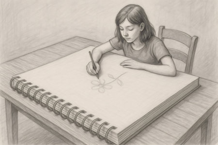 Pencil drawing of a young artist focused on sketching a flower on a large sketchpad at a wooden tableの素材