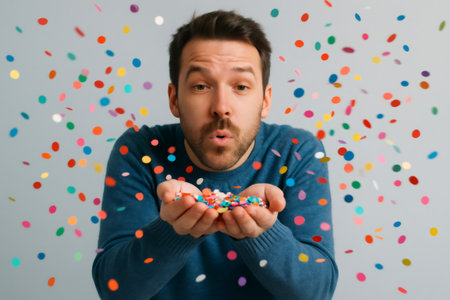 Bearded man blowing colorful confetti from his hands, celebrating a party or a special occasionの素材