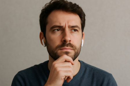 Bearded man with wireless earbuds, thoughtfully touching his chin while gazing away, lost in deep contemplation and focused listeningの素材
