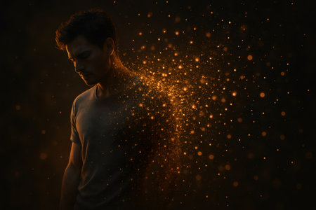 Dramatic portrait of a young man dissolving into golden particles, creating a magical and surreal atmosphereの素材