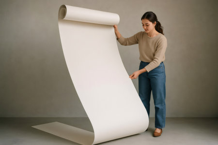 Creative woman unrolling a large blank scroll against a gray wall, offering ample space for custom designs or messagesの素材