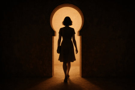 Woman walking away through keyhole shaped doorway in dark room, concept of mystery, discovery and new opportunitiesの素材
