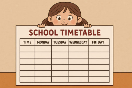 Curious schoolgirl holding a blank school timetable against a cardboard background, ready for organizing her educational schedule and planning her lessonsの素材