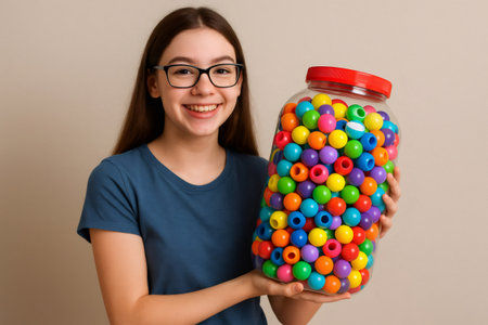 Smiling young girl holding a large jar of colorful beads, enjoying creative activities and craftsの素材