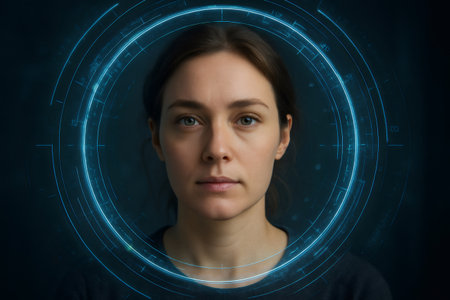Futuristic biometric facial scan with holographic interface identifying a woman for security or identification purposesの素材