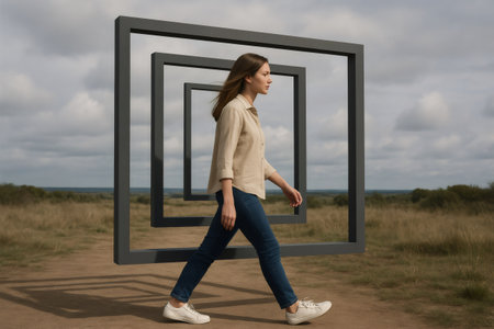 Young woman walking through a series of floating frames in a field, exploring concepts of perspective, reality, and illusionの素材