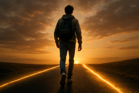 Male student walking down a glowing road, heading towards a vibrant sunset, embodying hope and a sense of adventure on his journeyの素材