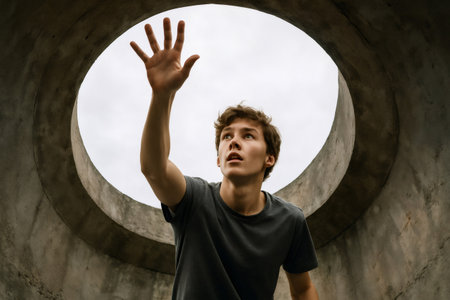 Hopeful young man reaching for the light in a concrete tube, looking up with an expression of wonder and determinationの素材
