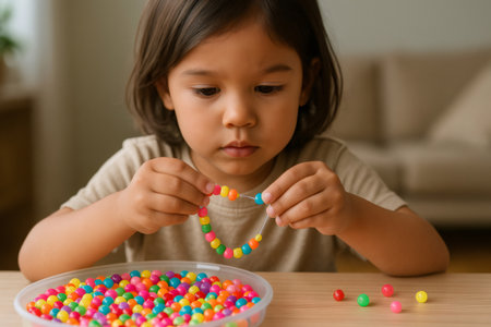Focused child making jewelry with colorful beads, developing fine motor skills and creativity at homeの素材