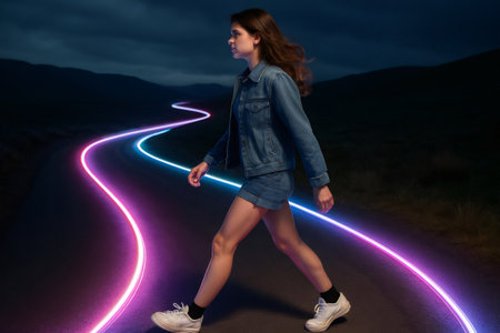 Young woman walking on a winding, neon lit pathway through a darkened landscape, symbolizing journey, progress, and the futureの素材