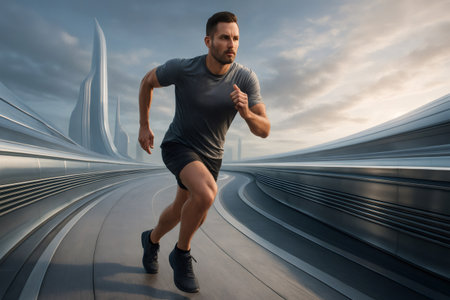 Focused male athlete running on a track in a futuristic cityscape, embracing the challenge of urban fitnessの素材
