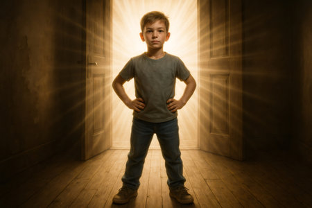 Young boy standing confidently in the doorway with bright light shining through, representing hope, courage, and new beginningsの素材