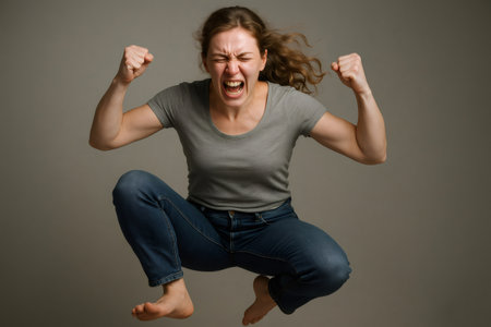 Young woman jumping with raised fists and exuberantly screaming, celebrating a moment of victory against a gray backgroundの素材