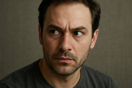 Portrait of a man with a suspicious expression glancing sideways with distrust and concern, expressing anxiety and worryの素材