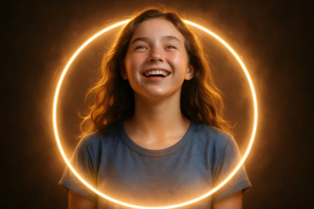 Studio portrait of a cheerful young girl illuminated by a glowing circular light, evoking a sense of happiness, spirituality, and positive energyの素材