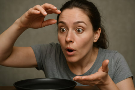 Surprised woman looking with wide opened eyes at an empty pan gesturing with hands, showing her amazement and disappointmentの素材