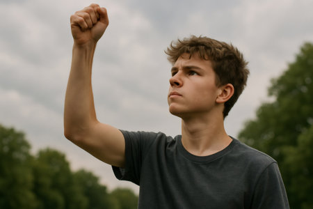 Teenager raising fist in a powerful demonstration of protest and resistance, symbolizing strength and determination for changeの素材