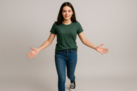 Young woman walking towards the observer with open arms, greeting or welcoming someone in a studio setting, expressing confidence and friendlinessの素材
