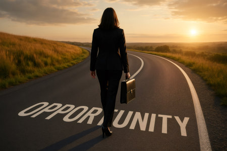 Businesswoman walking on a road towards the word opportunity painted on the asphalt at sunset, concept of career and achieving successの素材