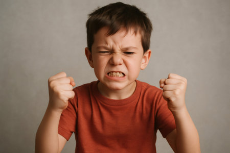 Furious boy raising fists in frustration, displaying an angry expression and gritting teeth against a neutral gray backgroundの素材