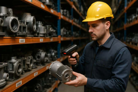 Warehouse worker wearing uniform and hardhat scanning spare parts with barcode reader in a warehouseの素材