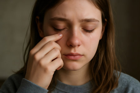 Teenage girl with closed eyes, wiping away a tear, embodies profound sadness and grief, reflecting deep emotional turmoil and vulnerabilityの素材
