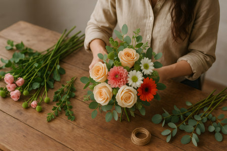 Florist skillfully arranging a vibrant bouquet filled with roses, dahlias, and eucalyptus leaves on a rustic wooden tableの素材