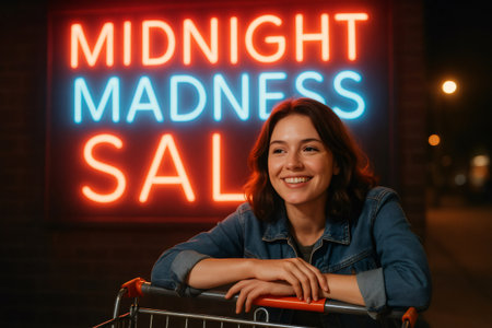 Young woman smiling while leaning on a shopping cart in front of a neon sign advertising a midnight madness saleの素材