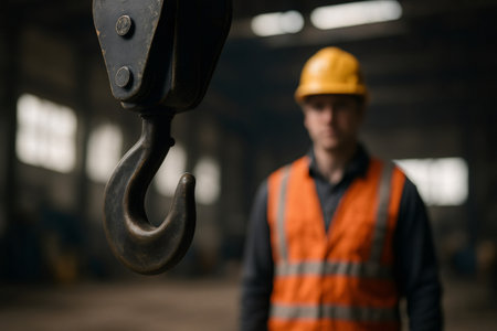 Industrial crane hook hanging in a factory with a blurred worker wearing safety equipment in the backgroundの素材