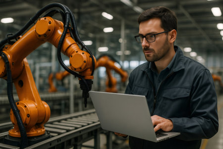 Industrial engineer using laptop programming robot arm in automated factory, focusing on innovation and advanced technologyの素材