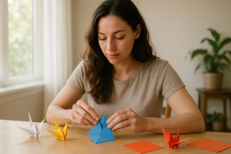 Woman carefully folding blue origami paper, creating a crane, surrounded by colorful completed figures on a wooden tableの素材